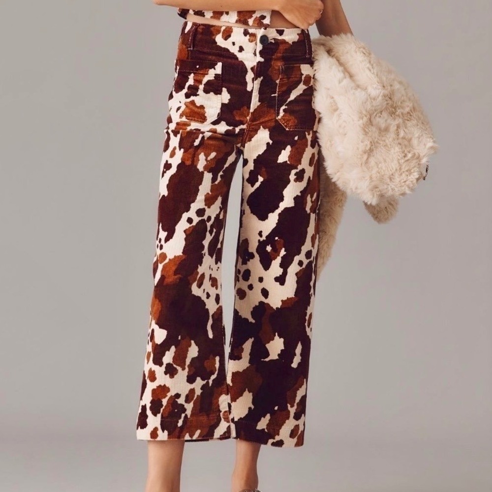 NWT Anthropologie Maeve Colette Corduroy Crop Wide-Leg Pants 27 Brown Cow Print